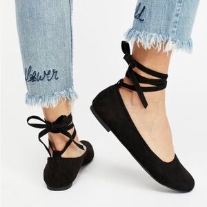 BC Footwear Black Suede Lace-Up Ballet Flats
